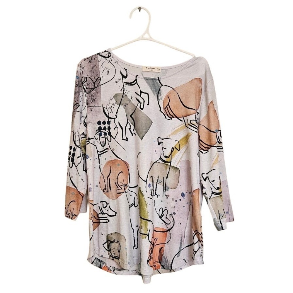 Jess & Jane Artistic Dog Print Tunic Top Watercolor White Small Artsy Shirt
